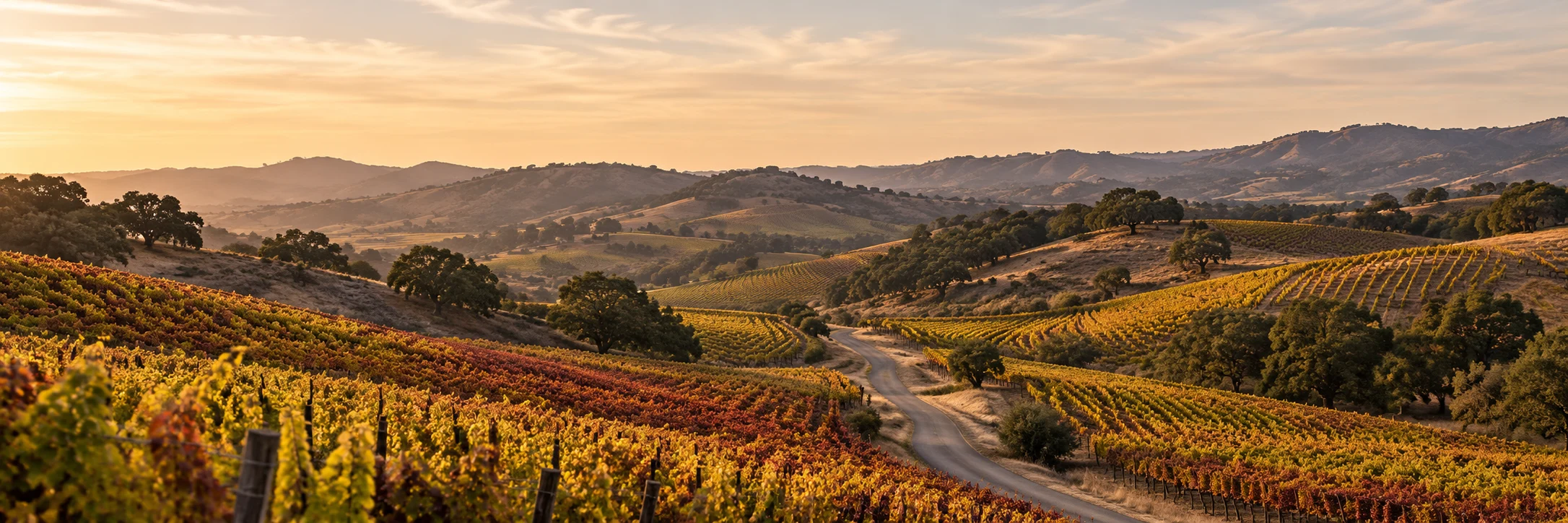 An original illustration of golden autumn vineyards and a winding road through California hills